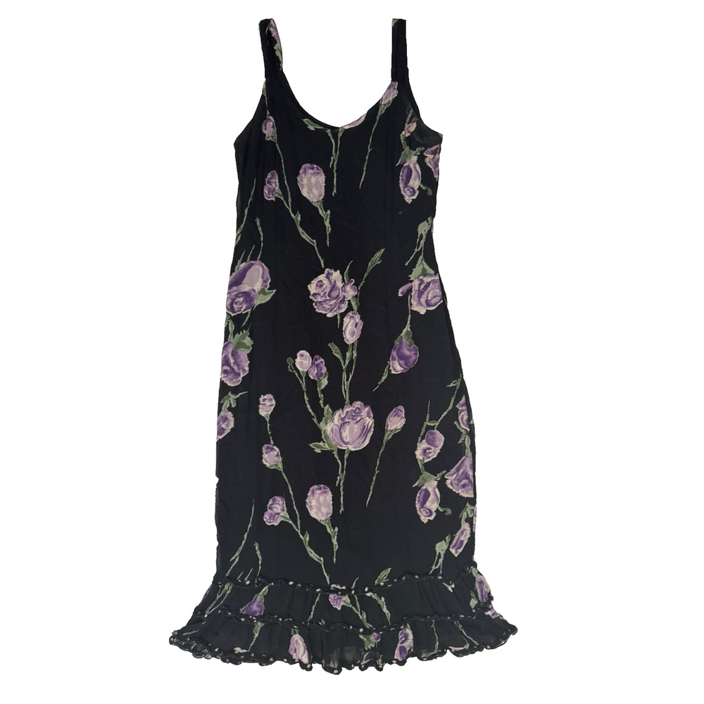 Jenny Helene Sleeveless Midi Dress M Black Purple Floral Rayon Overlay + Slip
